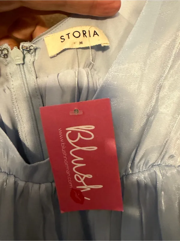 Storia Deep V-Neck Sheen Mini Dress in Sky Blue Size Medium NWT - Image 5