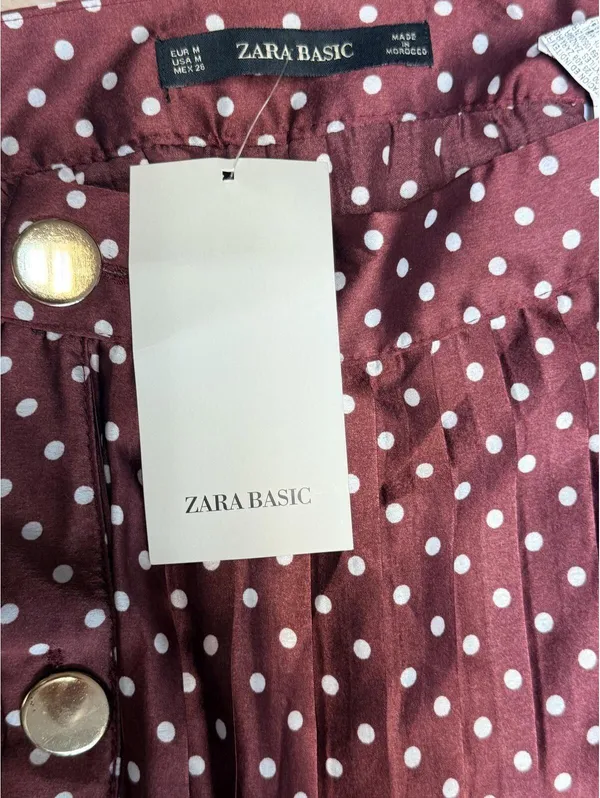 NWT Zara Medium Satin Wine White Polka Dot Flowy Pleated Midi Skirt - Image 5