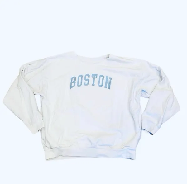 RARE Brandy Melville Oversized Boston Sweatshirt Pockets Cut Neck White Blue S M - Image 2