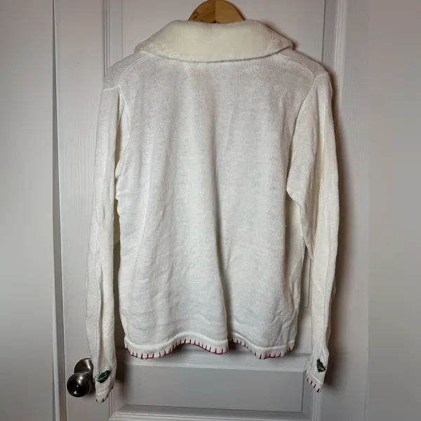 VINTAGE Victoria Jones White Embroidery Christmas Cardigan size L - Image 6