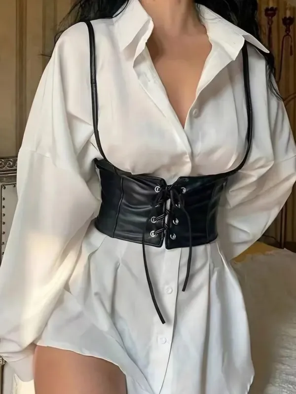 Black Lace Up Corset Style‎ Faux Leather Belt Waist Cincher One Size - Image 5