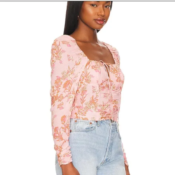 NWT * FREE PEOPLE Hillary Print Top in Pink Combo - Image 4