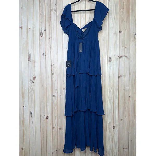 NWT Lulus Notorious Charm Navy Blue Pleated Flutter Sleeve Maxi Dress Gala Sz L - Image 5