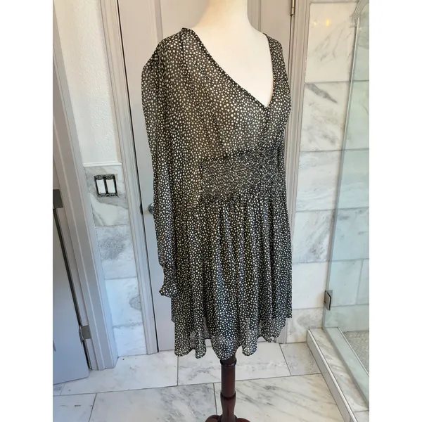 Zara Womens Green Cream Polka Dot Smocked‎ V-Neck Mini Dress L - Image 11