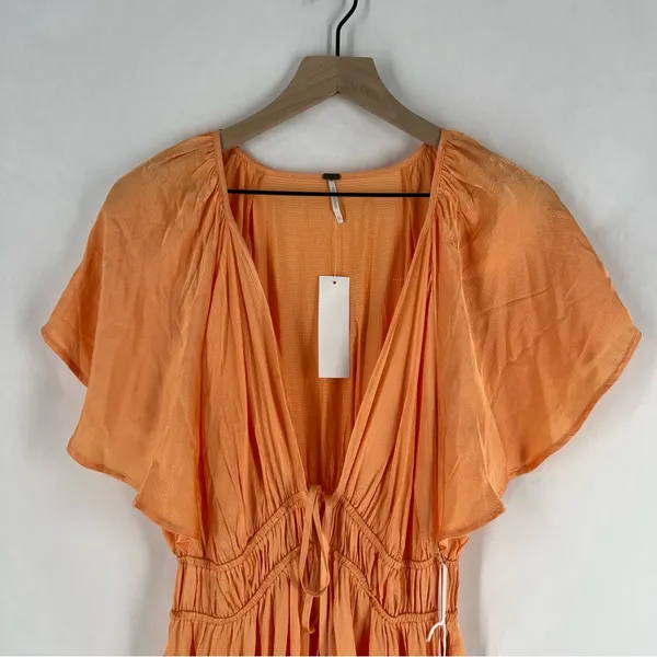 Young Fabulous & Broke Mara Dress Orange Plunging V-Neck‎ Satin Tiered Maxi M - Image 3
