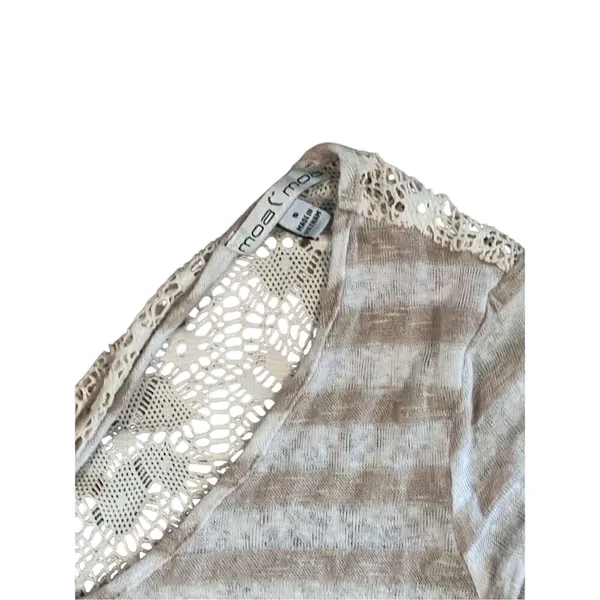 Moa Moa Cream‎ Tan Stripe Feminine Lacy Twist Cap Sleeve Top sz Small - Image 3