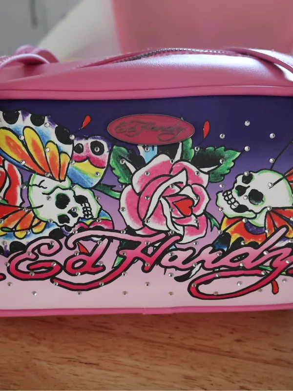 Ed Hardy Pink Shoulder Bag Tattoo Skull Rose Butterfly Rhinestone Barrel Satchel - Image 4