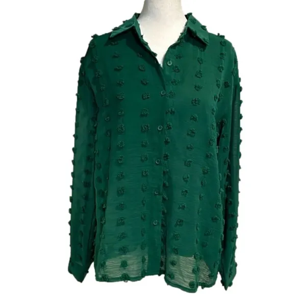 Forest Green sheer button down long sleeve blouse with textured dots - Image 4