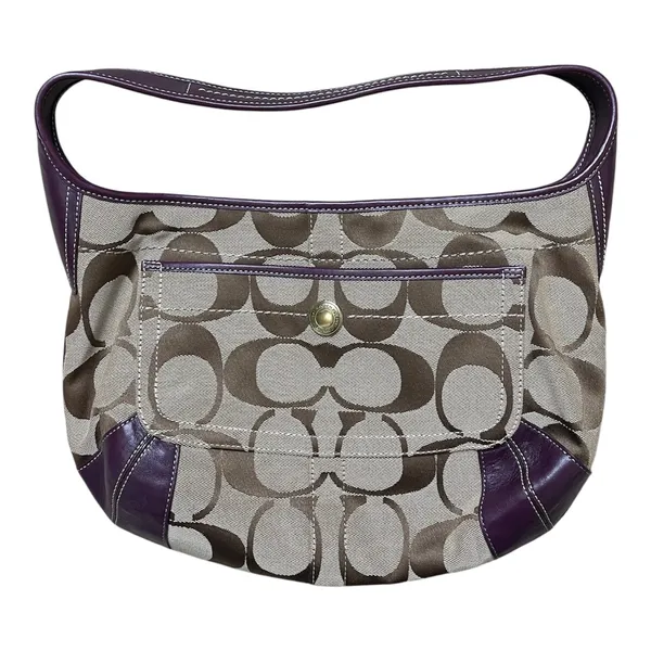Coach Signature Monogram Purple Leather Trim Hobo Shoulder Bag Handbag Purse - Image 6