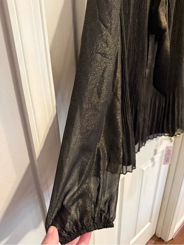 Nanette Lepore Metallic Shimmer Black Gold Pleated Bow Neck Top - Image 3
