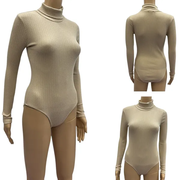 Ambiance Khaki Long Sleeve Ribbed Turtleneck Stretchy Bodysuit Top Women Small - Image 7