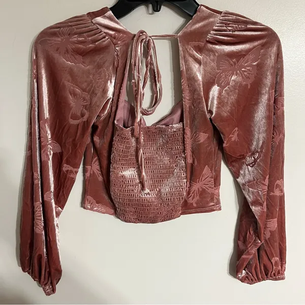 Altar'd State Velvet Butterfly‎ Crop Top Long Sleeve Pink Fairy XS - Image 9