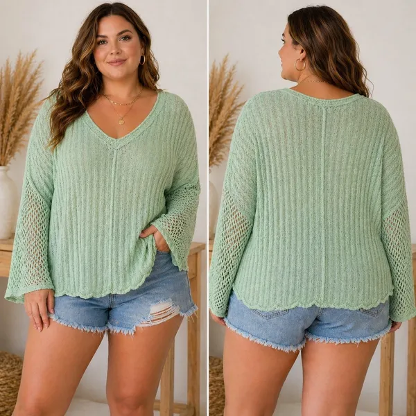 POL Mint Green Open Knit Sweater L Boho Slouchy Lightweight Pullover - Image 2