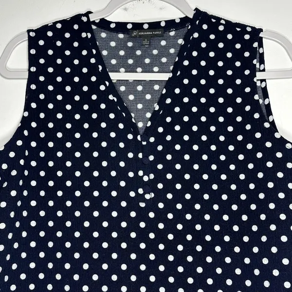 Adrianna Papell Womens Navy Blue White Polka‎ Dot V-Neck Sleeveless Blouse Small - Image 3