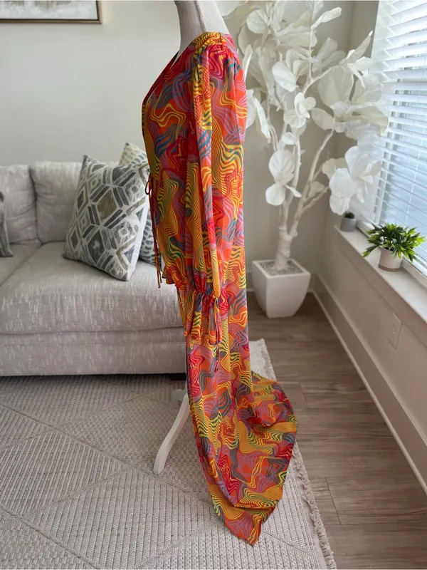 Bananhot Long Multi-Color Sheer Long Sleeve Cover-Up In Waves Size M/L - Image 9