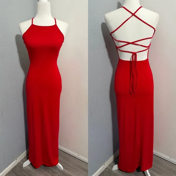 Red High Neck Maxi Dress S Halter Open Back‎ Lace Up Strappy Bodycon Formal Gown - Image 2