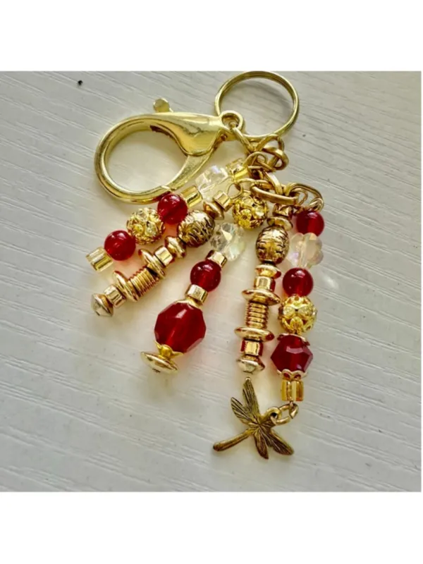 NEW One of a Kind Crimson Dragonfly Handmade Beaded Bag Charm Keychain (#36) - Image 3