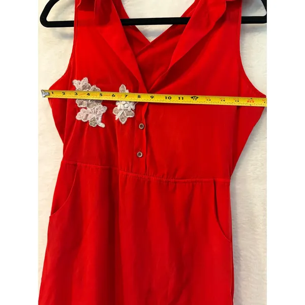 Bebe Red Mini Dress Womens XS Sleeveless Halter Lace Floral Pockets Button Front - Image 3