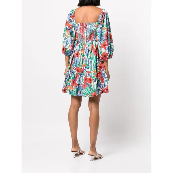 Cara Cara Floral Mini Dress Multi Smocked Puff Sleeve Tiered Cotton M - Image 2