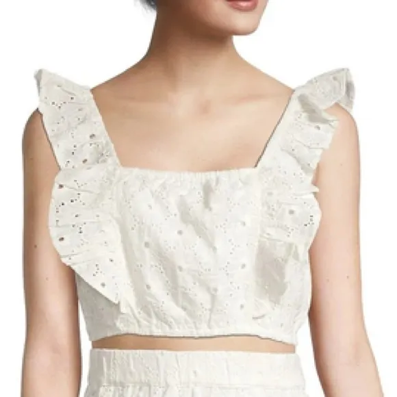 Avec Les Filles White Eyelet Ruffle Crop Top Square Neck Size Small - Image 4