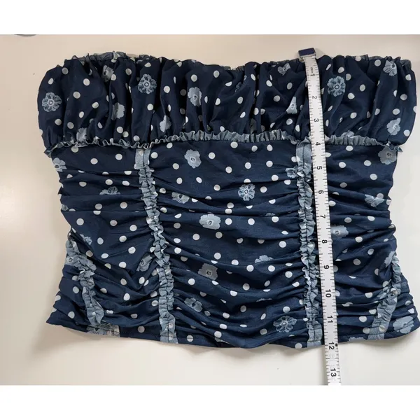 Free People Wait for Me Navy Polka Dot Floral Ruched Smocked Tube Top‎ NWT Med - Image 6