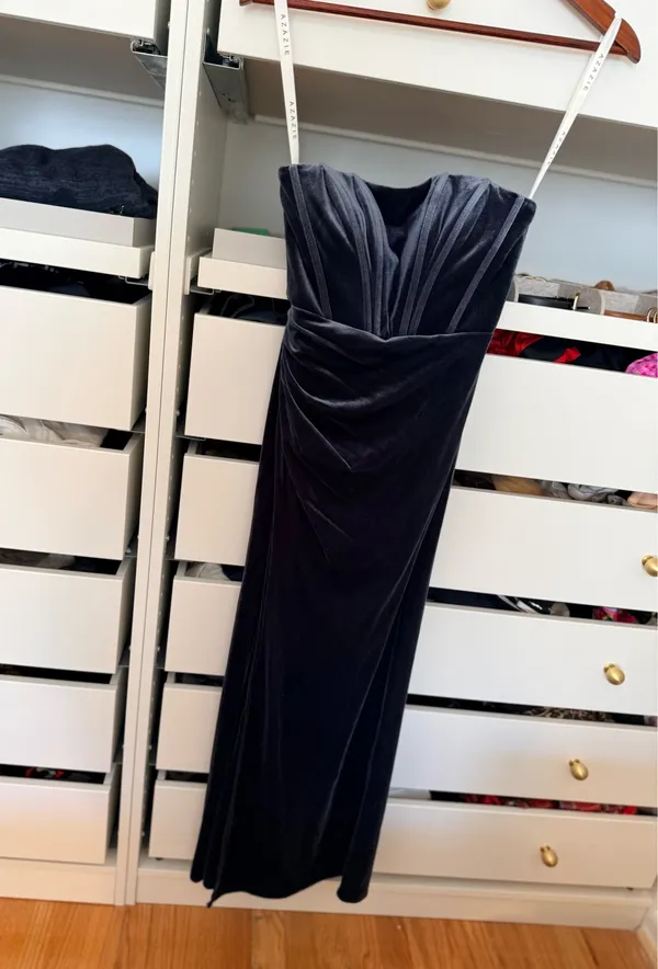Azazie strapless blue / grey velvet dress with adjustable straps - Image 2