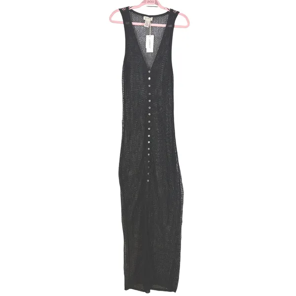 L*Space Adrift Dress Black Crochet Maxi Button Down Cover Up Medium - Image 3