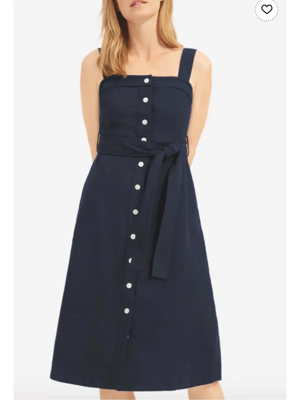 Everlane 4 cotton weave picnic dress Front button Navy Midi Wide Straps Sun - Image 9