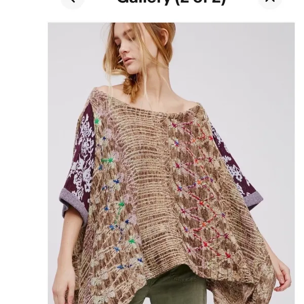 Free People Fressia Pullover Sweater Boho Tunic Mixed Knit Embroidered M/L - Image 2