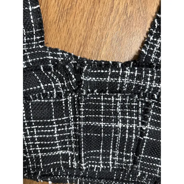 H&M Black White Tweed Plaid Bustier Crop Top Sleeveless Frayed Edges Small‎ y2k - Image 2