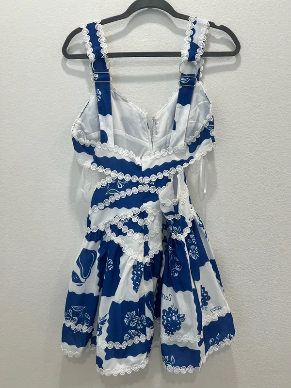 Blue and White Floral Lace Trim Mini Dress by Vintage Shop Size L - Image 4