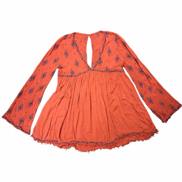 Free People Diamond Embroidered Mini Dress Boho Bell Sleeve Tunic Rust Small - Image 8