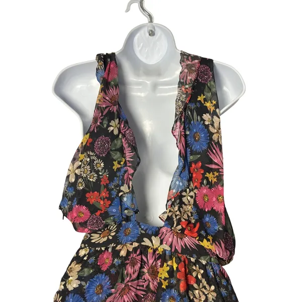 Slate & Willow Floral Ruffle Mini Dress XS Black Open Back Cottagecore‎ NEW - Image 7