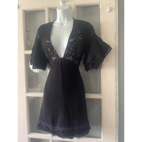 For Love and Lemons Carmine Black Lace Ruffle Sleeve Cami Mini Dress - Image 7