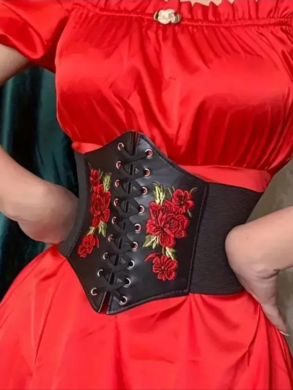 Black Floral‎ Embroidered Waist Elastic Corset Belt One Size - Image 5