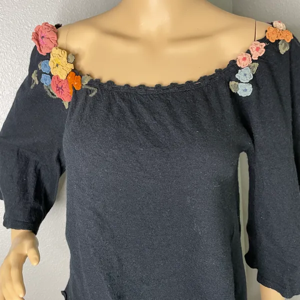 Moth for 3/4 Sleeve Black Wool Blend Blouse Floral Appliqué Detail - Image 4
