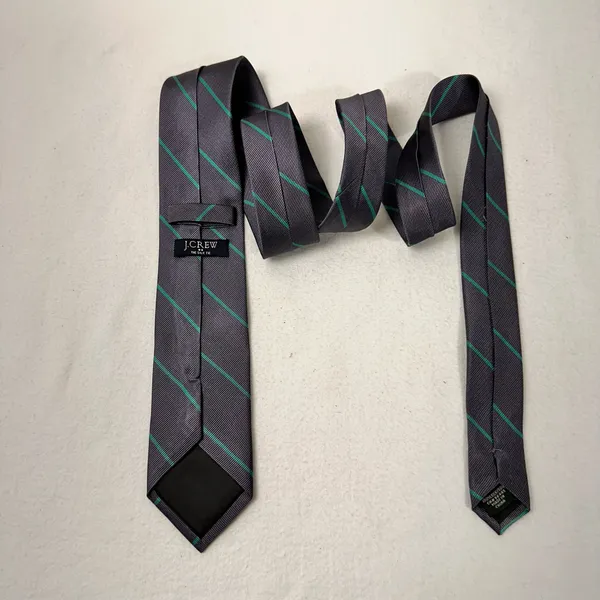 J Crew Silk Necktie Grey Green Tie Diagonal Stripe Preppy Career Wedding - Image 3