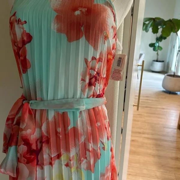 B. Darlin Long Maxi Pleated Dress, Aqua/Coral, Size 1/2, NWT - Image 5