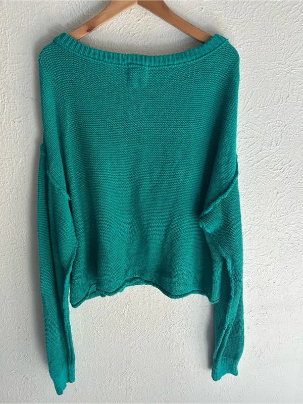 Free People Inside Out Pullover Teal Turquoise Cotton Slouchy Cropped Sweater XL - Image 5