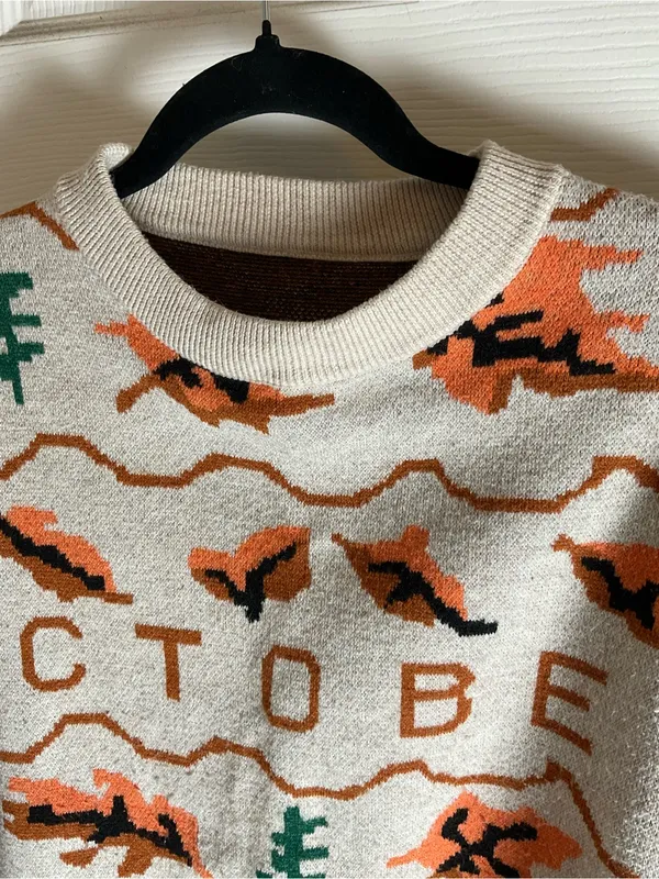 Vintage Style October Fall Sweater Beige Orange Leaves Trees Crewneck Medium / L - Image 5