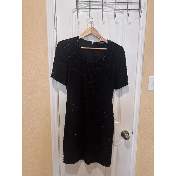 Royal Feelings VTG 80s SILK SEQUIN Dress Flapper 1920s Inspired Black size 10 - Image 3