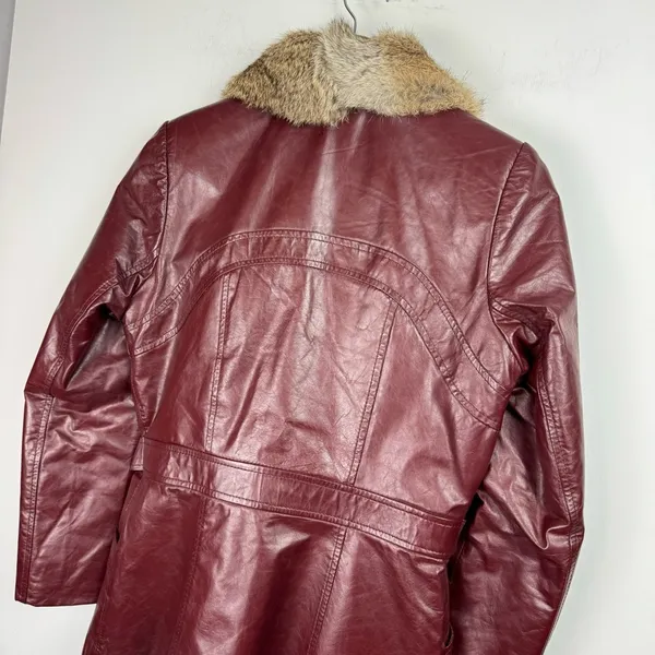Vintage Leather Rabbitt Fur Trim Trench Tie Jacket Sz 5/6 Maroon Y2K Mob Wife - Image 14