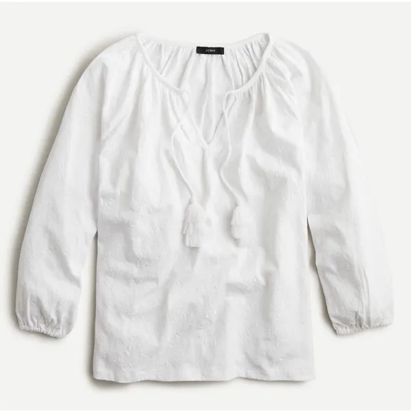 J.Crew Floral Embroidered‎ Tassel Bohemian Peasant Top Balloon Sleeve White M - Image 2