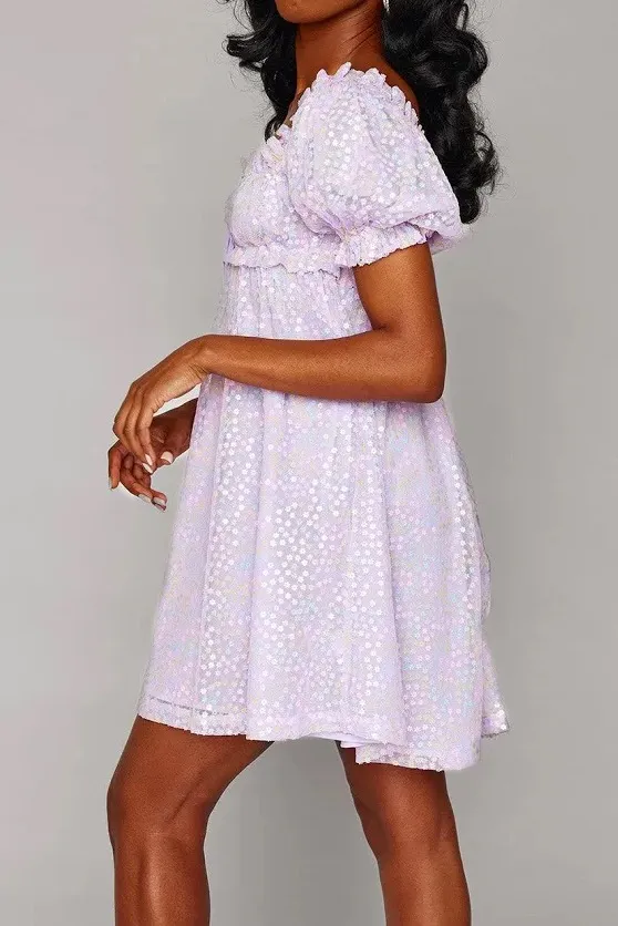 Buddy Love “Jac Puff” Sequin Purple Dress | M | Like-new Lavender Floral Overlay - Image 10