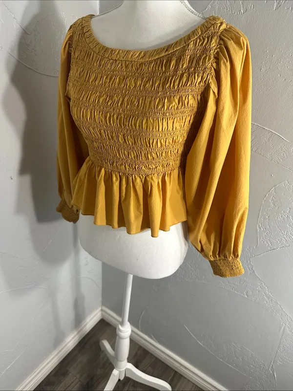 Free People mustard Yellow Smocked Peplum Blouse. - Image 4