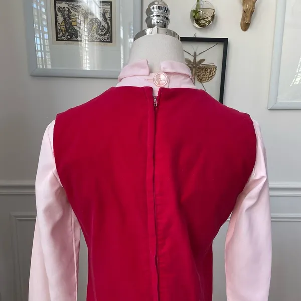 Vintage 60s Red Velveteen Shift Dress Pink Cropped Blouse XS - Image 4