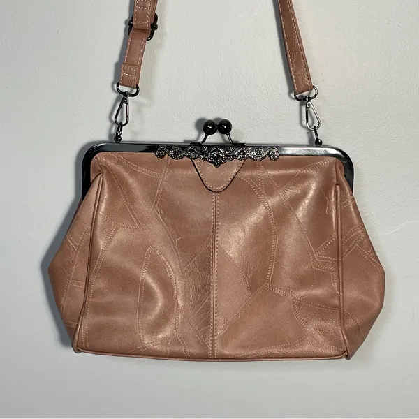 Pink Faux Leather Kiss‎ Lock Shoulder Bag with adjustable straps - Image 2