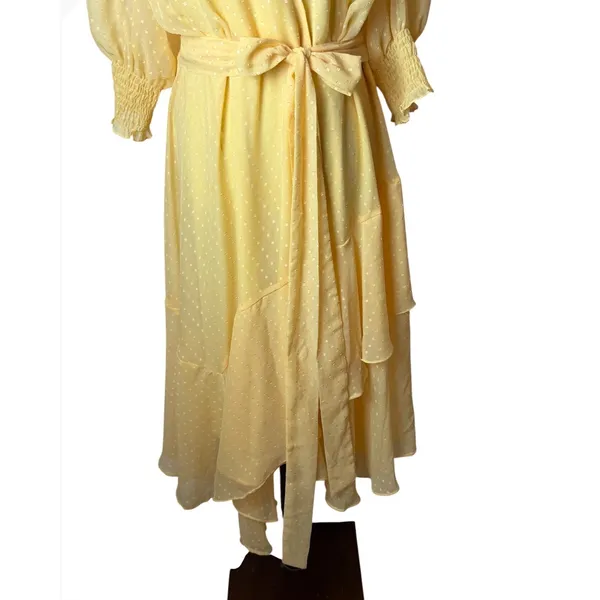 Maison Tara Midi Dress Women 14 Yellow Clip Dot Faux Wrap Puff Sleeve Boho - Image 4