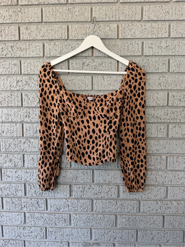 Reformation Reign Top Bobcat Animal Print Size 0 Tan Black Smocked - Image 3