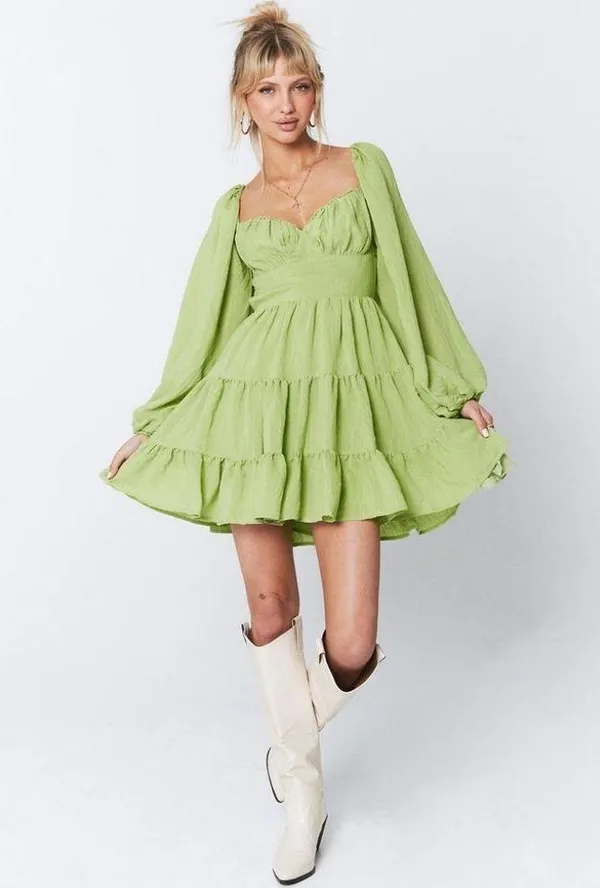 Princess Polly Green Danny Long Sleeve Open Back Tiered Fit & Flare Mini Dress 2 - Image 2